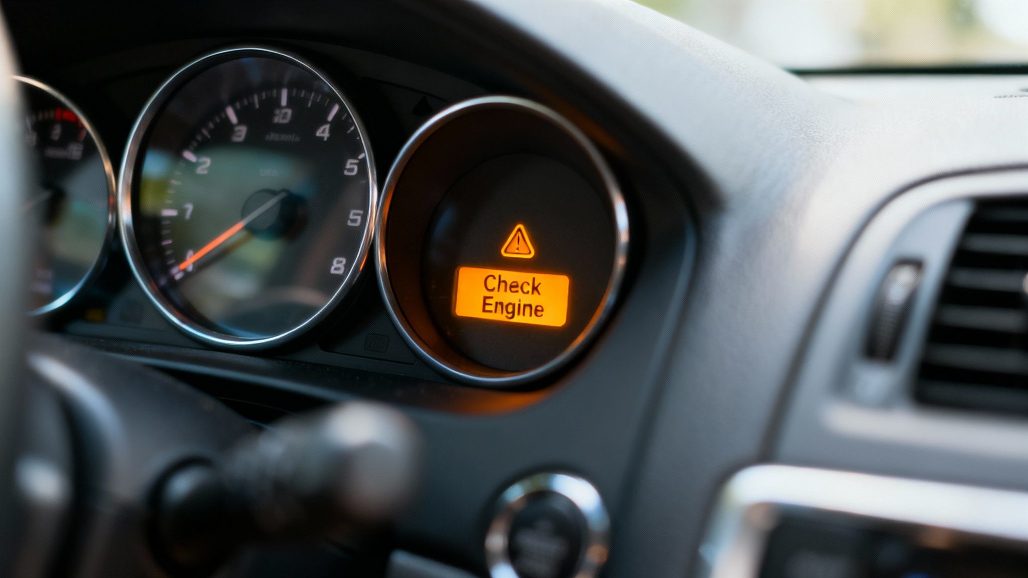 Close-up of a car's dashboard showing an illuminated orange "Check Engine" warning light and tachometer.