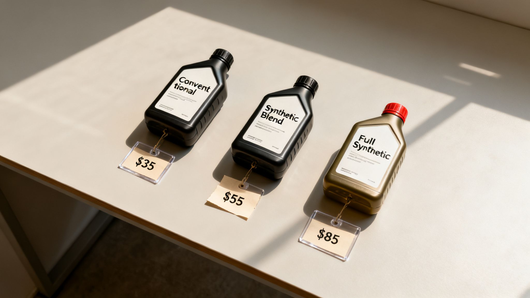 Three bottles of motor oil (Conventional, Synthetic Blend, Full Synthetic) with price tags on a light table.