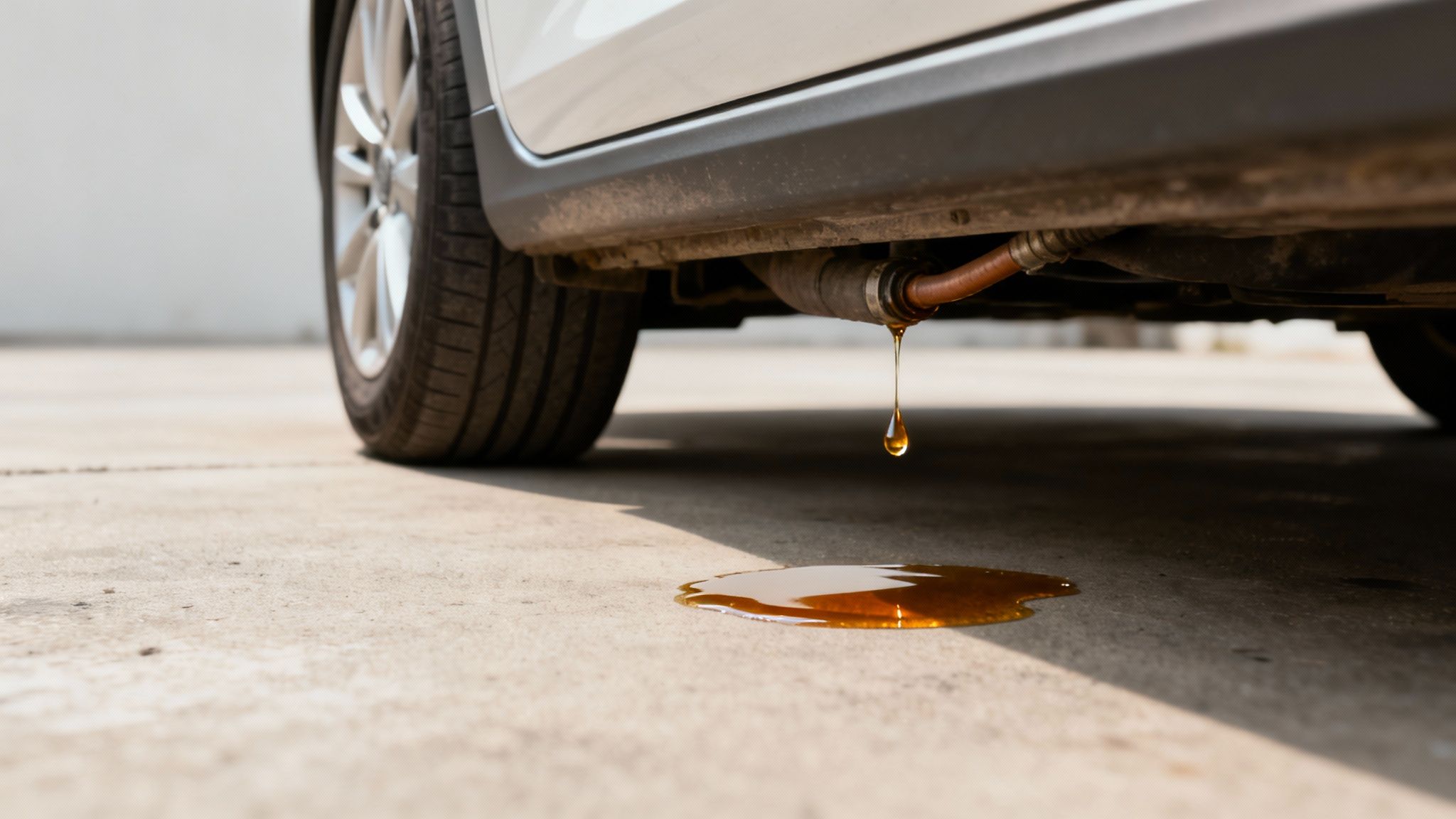 Car leaking brownish fluid, likely oil, from a pipe onto the concrete ground, forming a puddle.