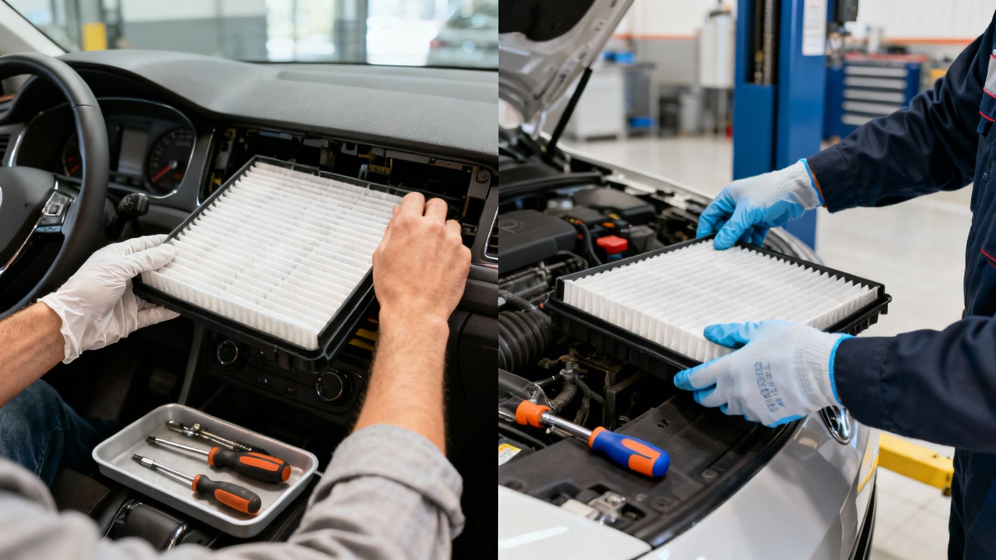 Mechanics replacing cabin and engine air filters in vehicles during routine car maintenance.