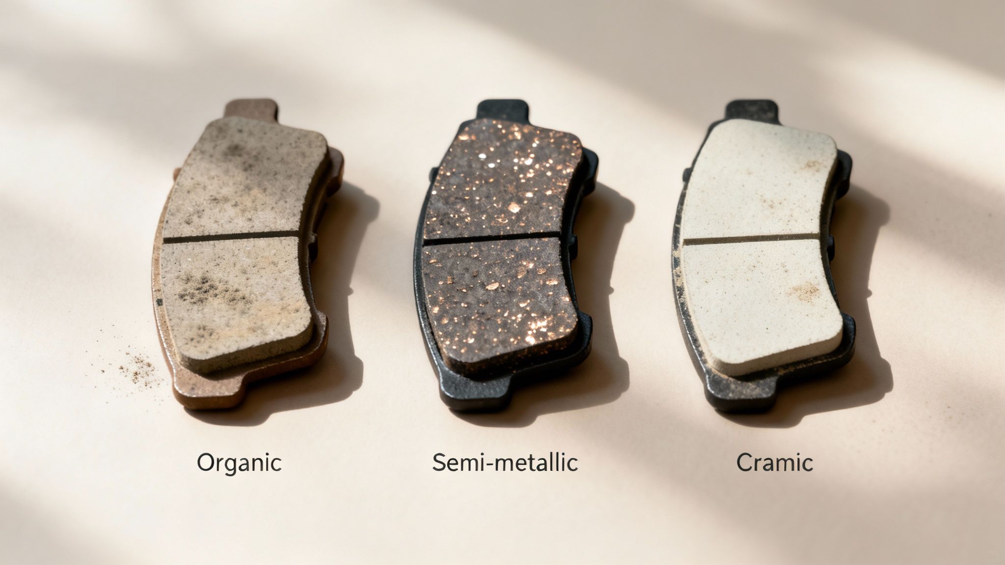 Three types of automotive brake pads: organic, semi-metallic, and ceramic, displayed with their labels.