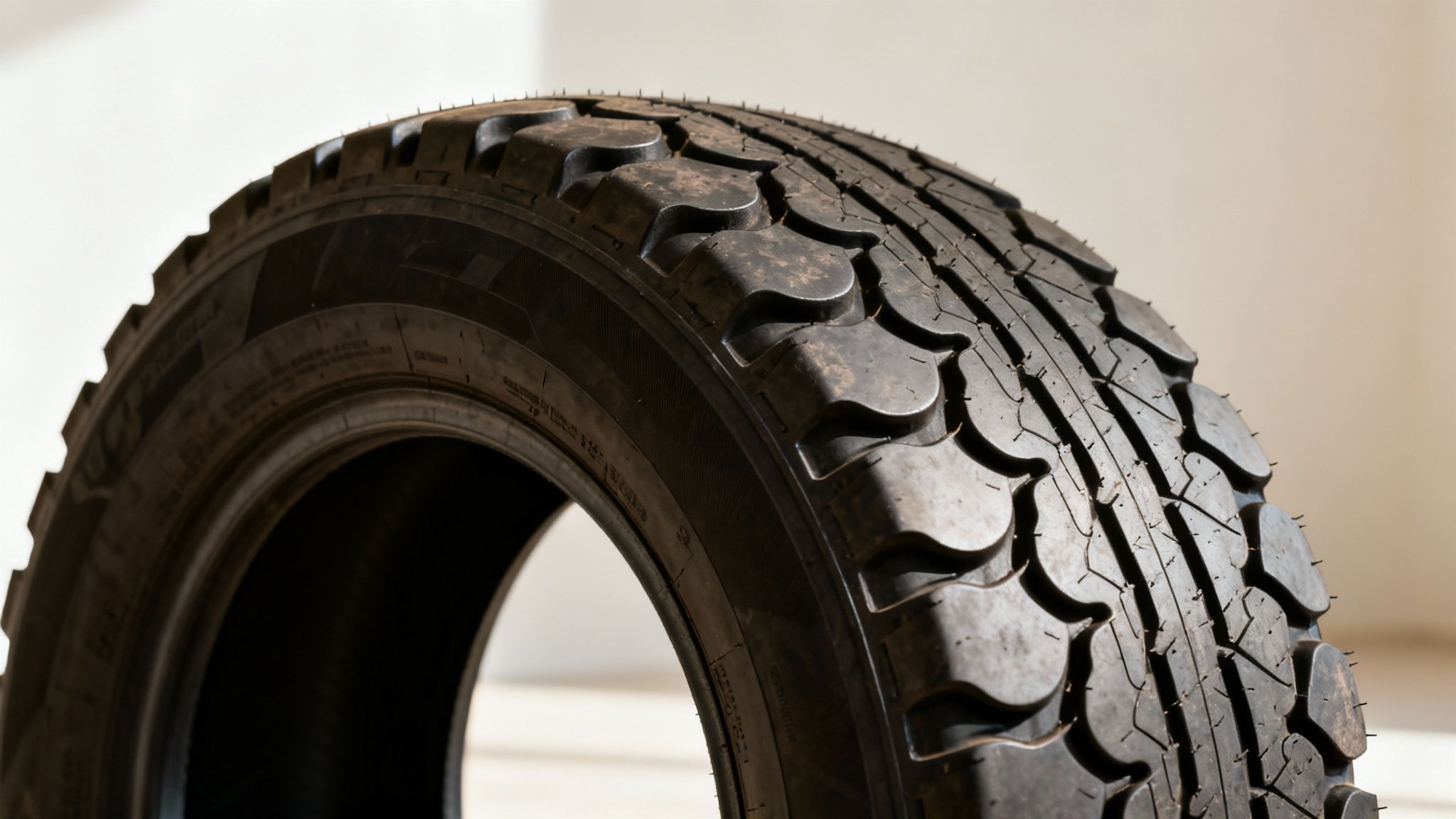 Close-up view of a robust off-road tire tread pattern on a new tire against a light background.
