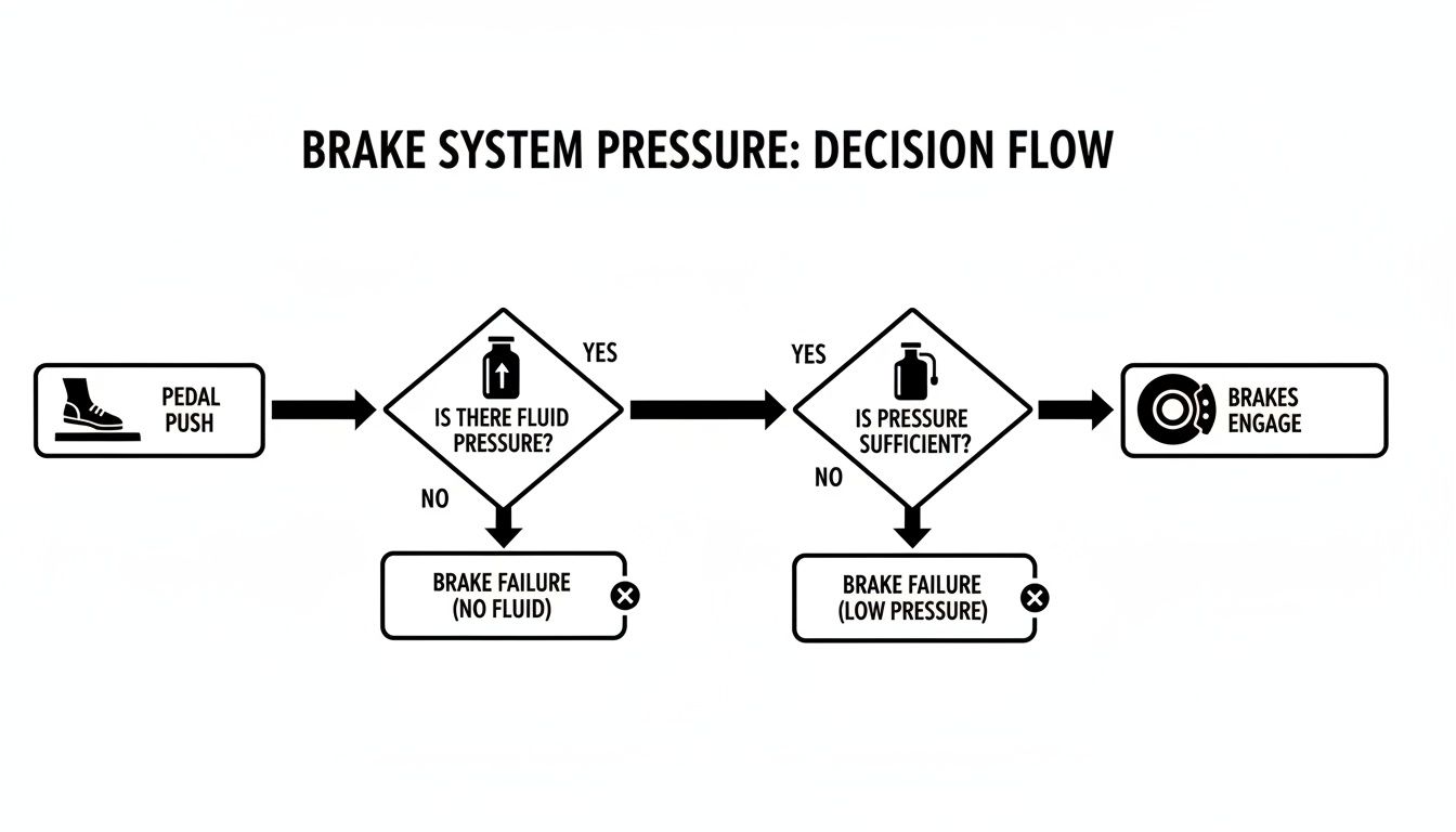Flowchart illustrating the brake system pressure decision process from pedal push to brake engagement or failure.