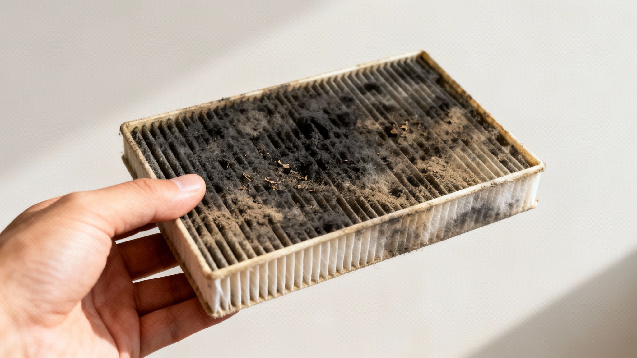 A hand holds a severely clogged and dirty car cabin air filter, covered in dust and debris.
