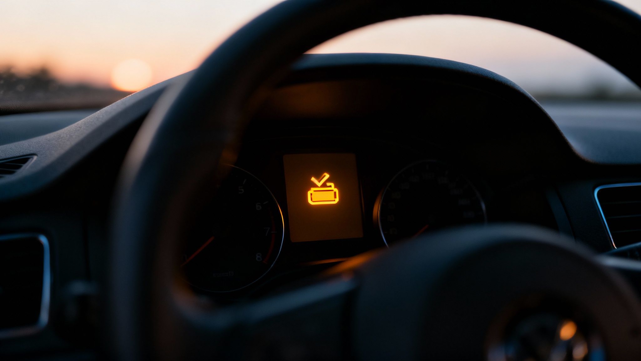 A car's dashboard showing an illuminated yellow warning light with a checkmark over a container symbol, with a sunset visible through the windshield.