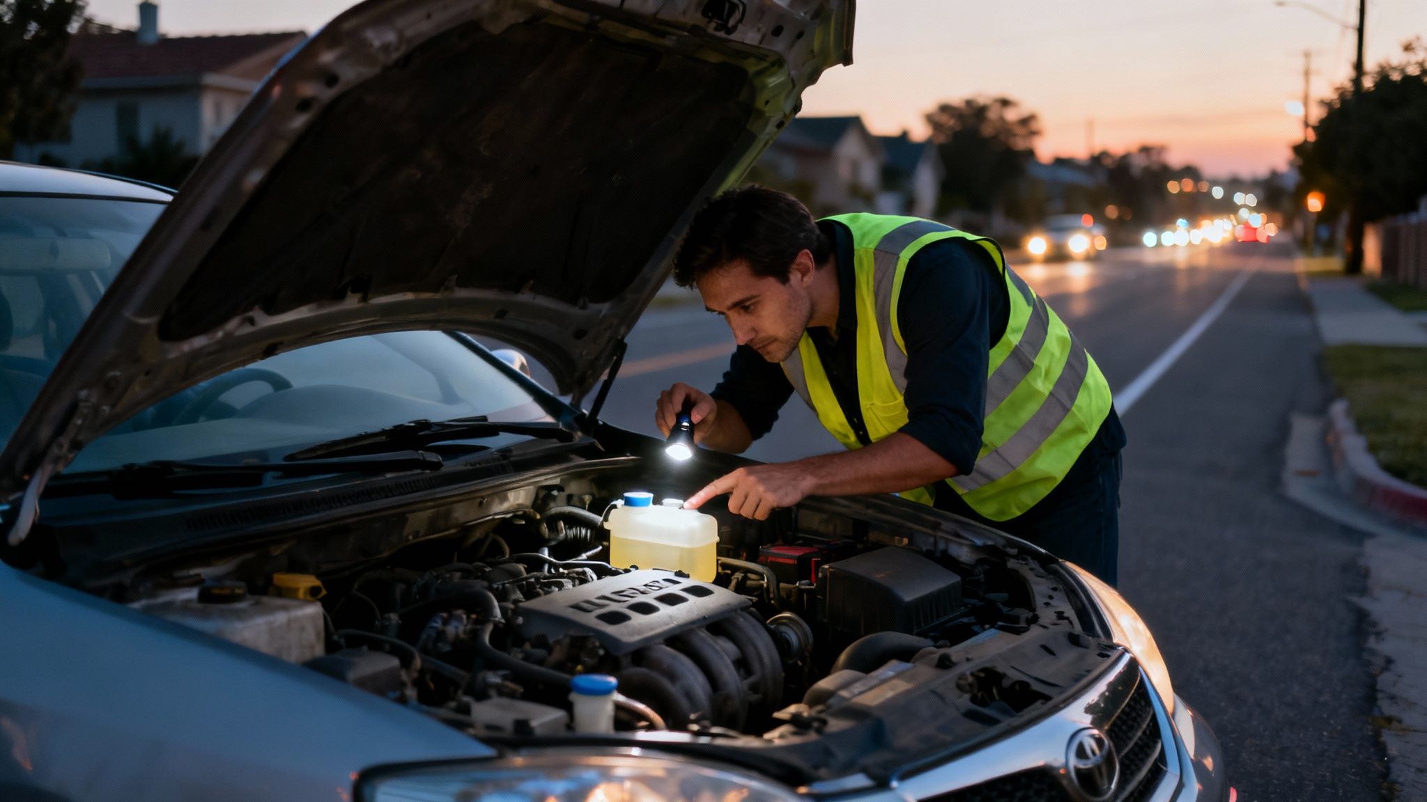 A man in a safety vest using a flashlight to check a car's engine at dusk.