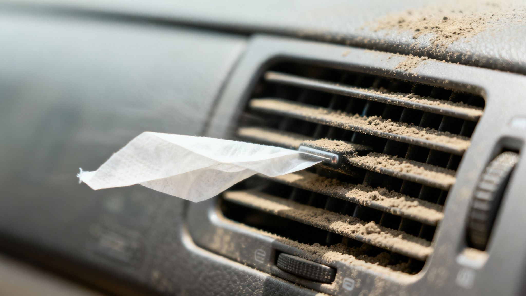 Close-up of a very dusty car air vent with a white tissue stuck in it.