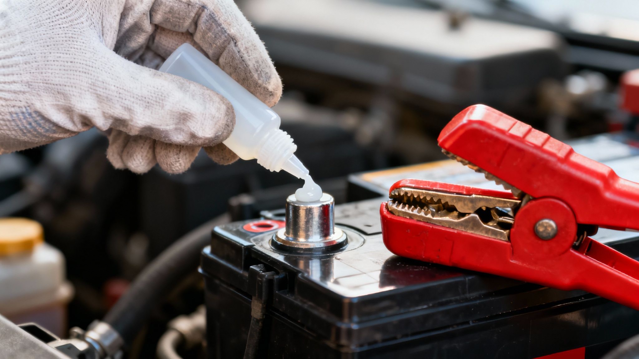 Gloved hand applying protective grease to a car battery terminal, next to a red clamp.
