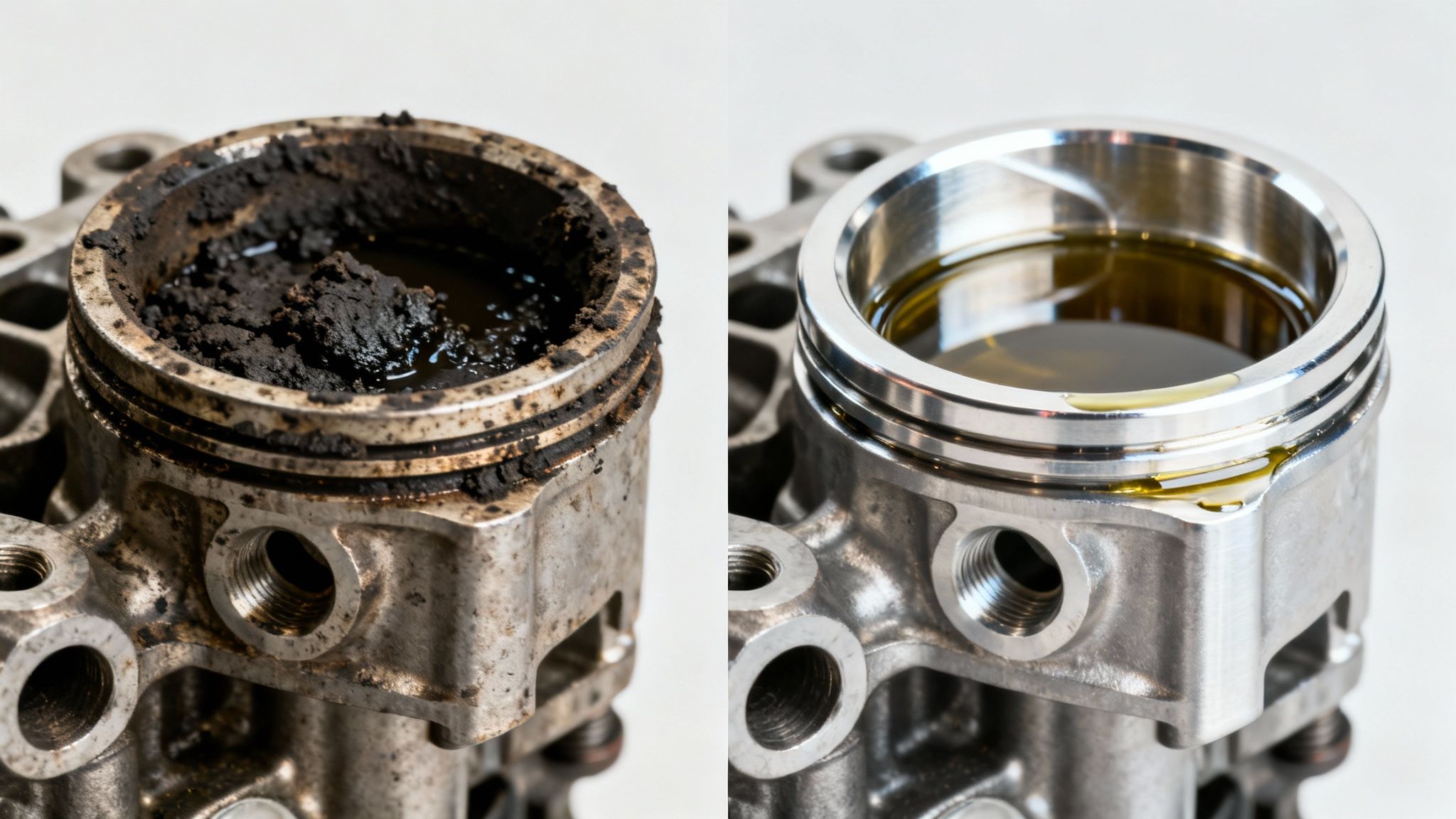 Before and after comparison of an engine piston, showing heavy oil sludge versus clean with fresh oil.