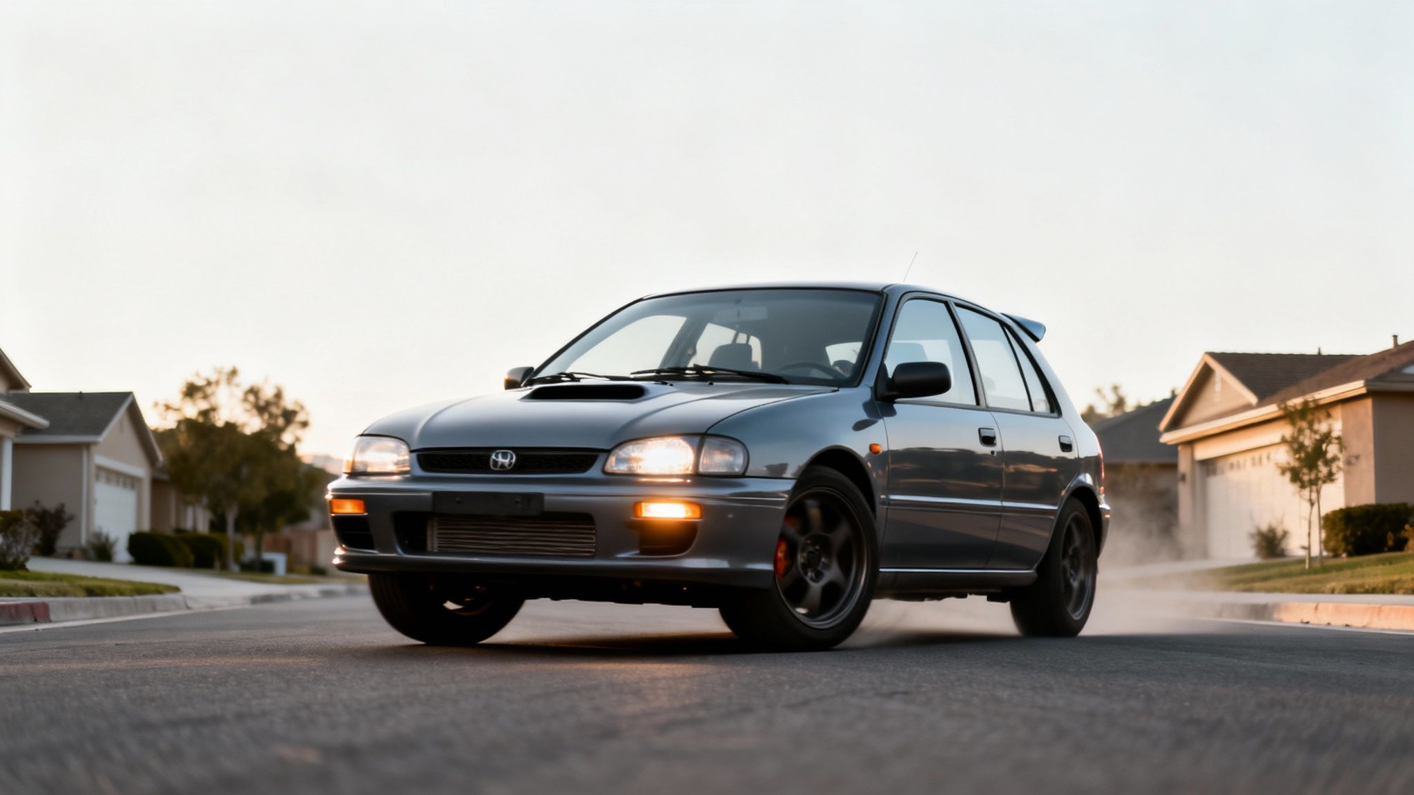 A modified grey car drives dynamically on a residential street with dust, headlights on.
