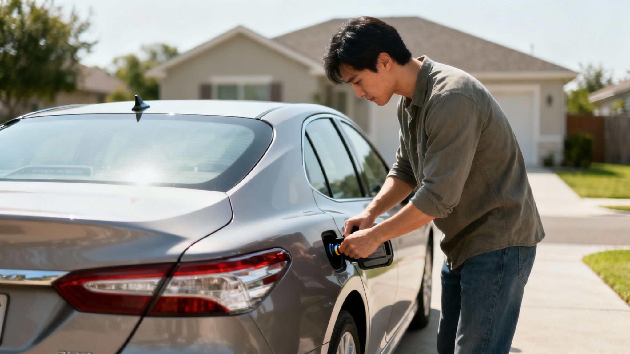 A man plugs a charging cable into a grey electric car parked in a residential driveway.
