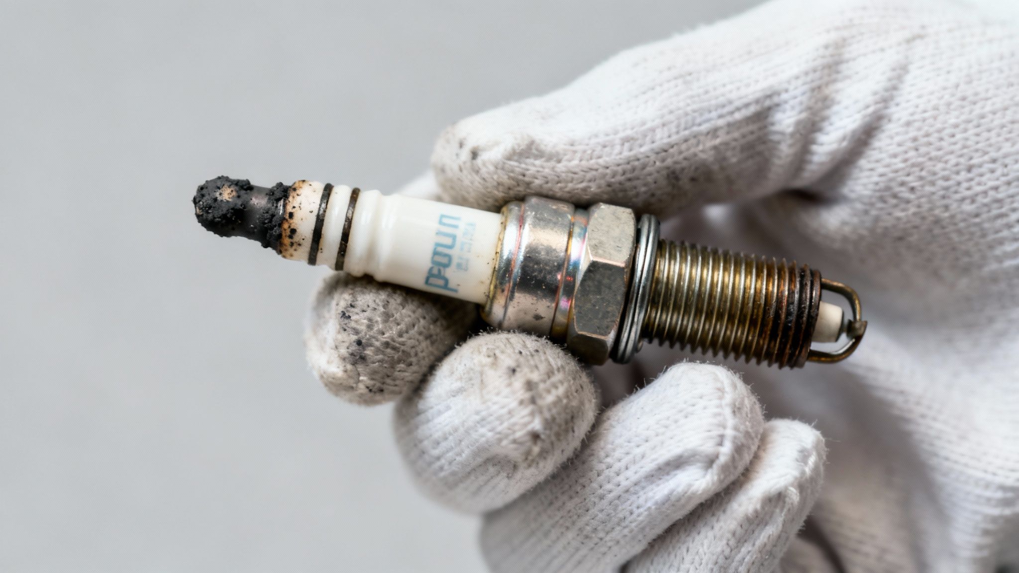A close-up of a hand in a dirty white glove holding a fouled spark plug with heavy black carbon deposits.