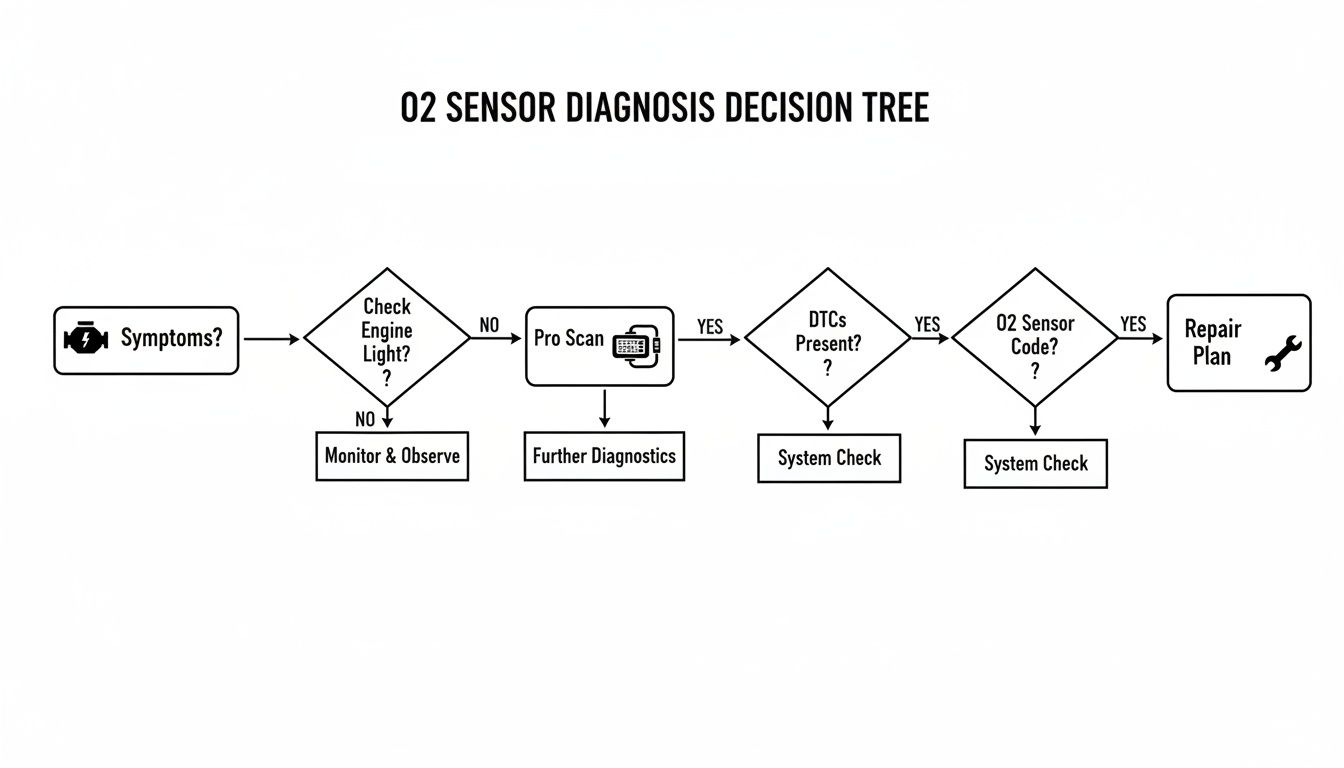 A flowchart detailing the O2 sensor diagnosis decision tree from symptoms to a repair plan.