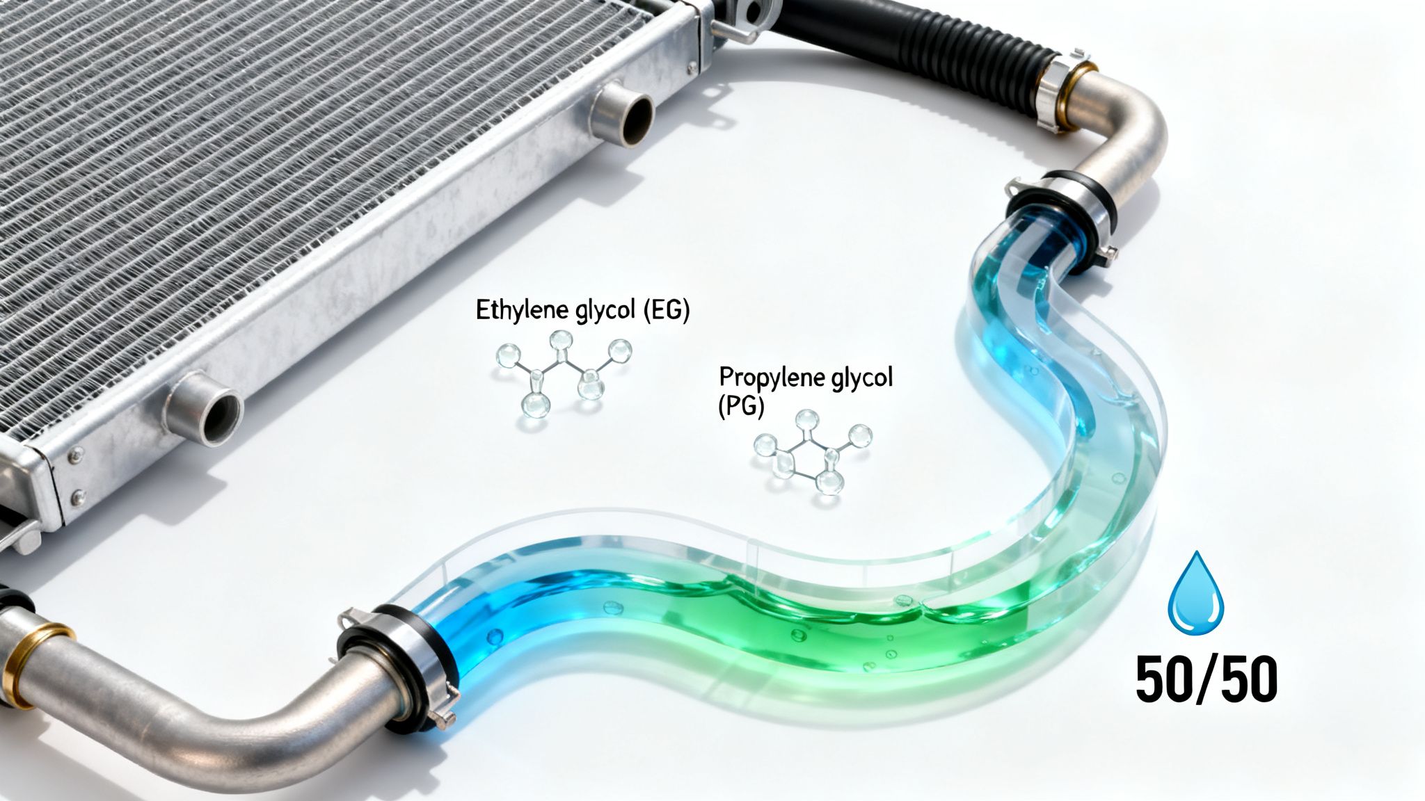 Ethylene and propylene glycol molecules alongside a radiator with a 50/50 liquid mix.