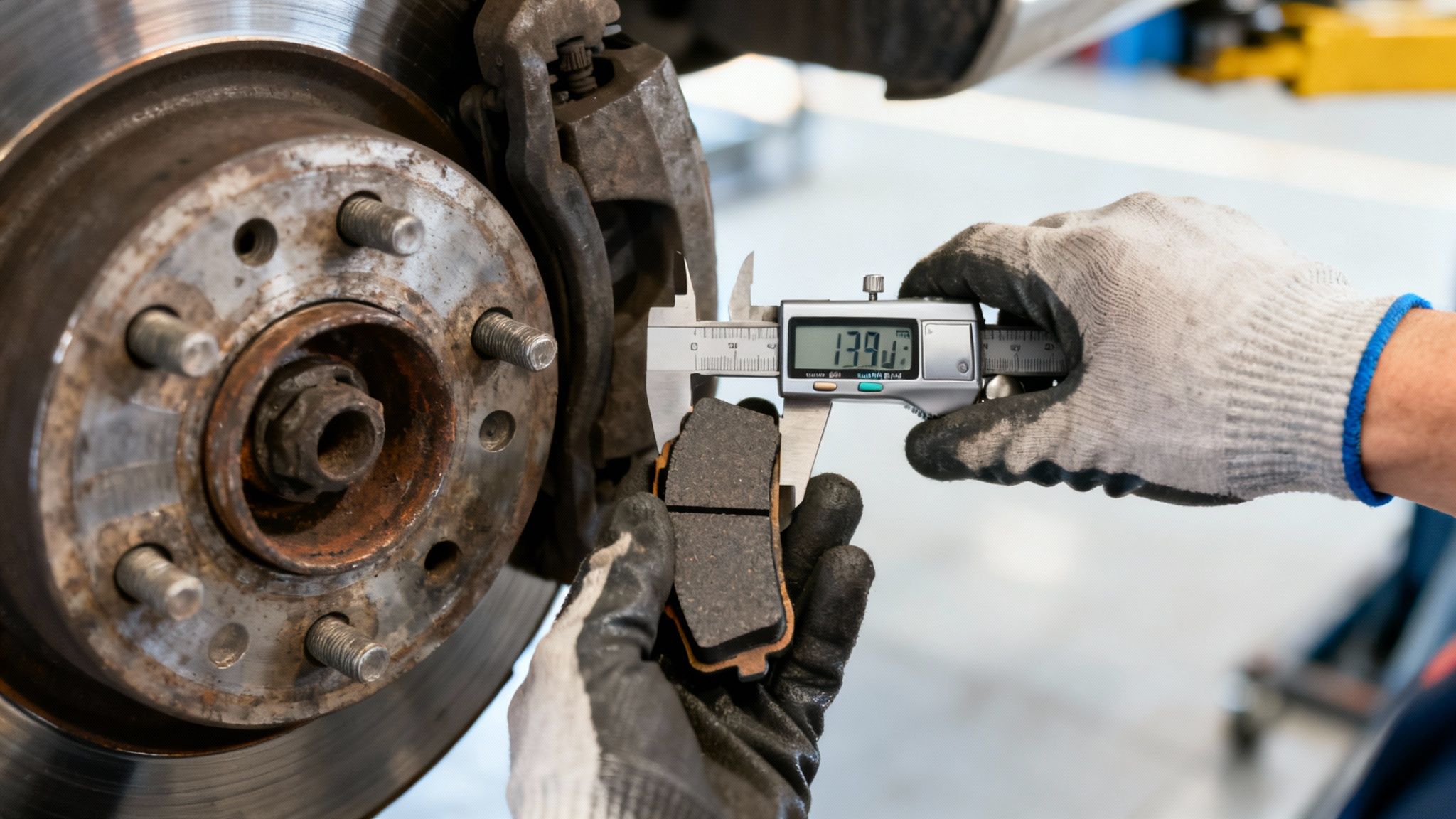 A mechanic measures a car's brake pad thickness with a digital caliper, displaying 17.90, during a brake inspection.