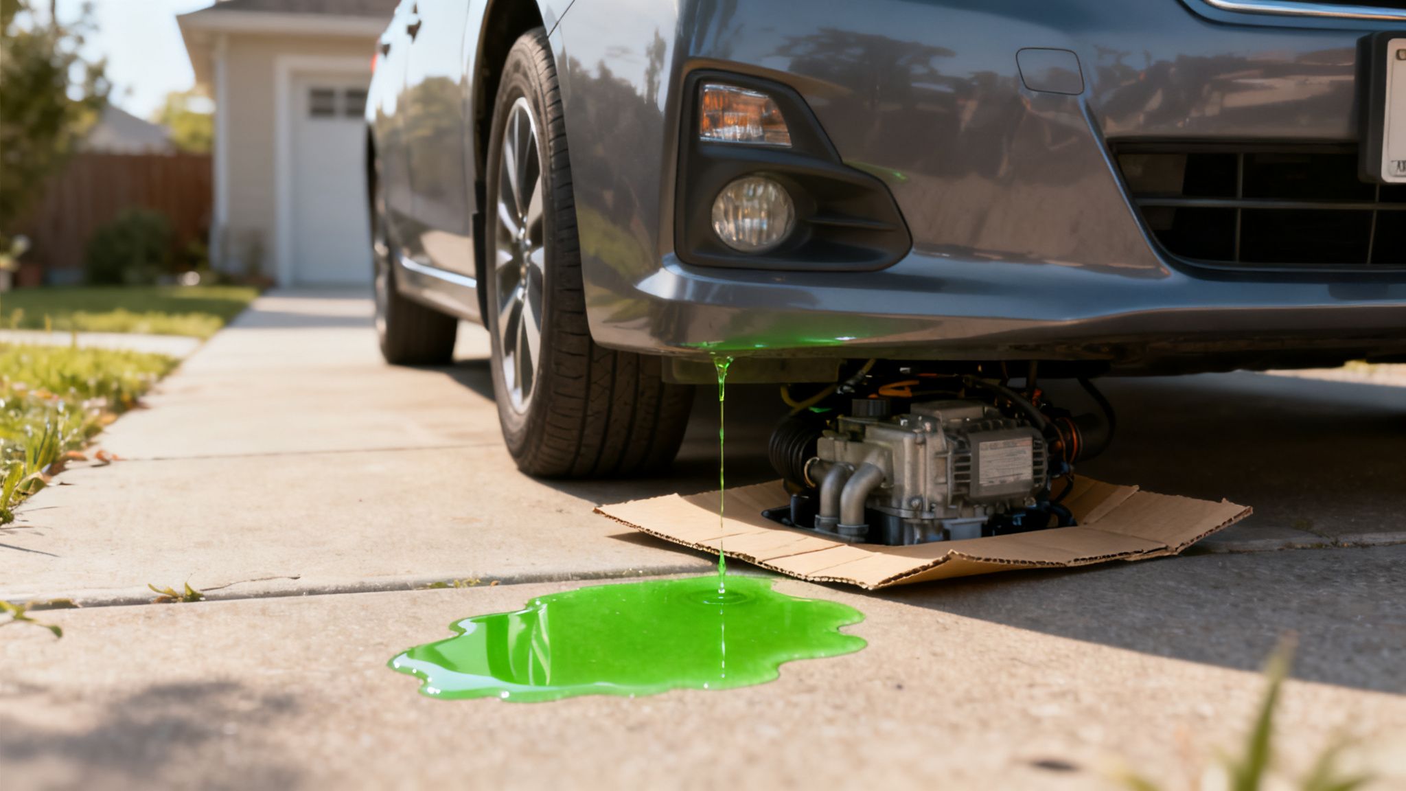 Bright green fluid leaks from a gray car's engine onto a concrete driveway, indicating a problem.