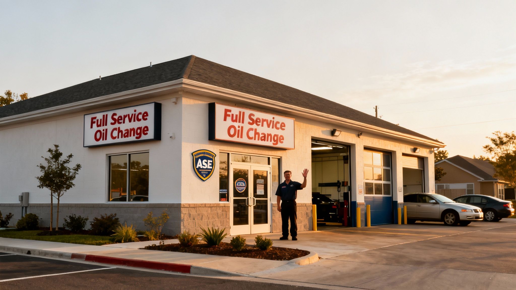 A friendly technician waves outside a clean full service oil change auto shop with visible garage bays.