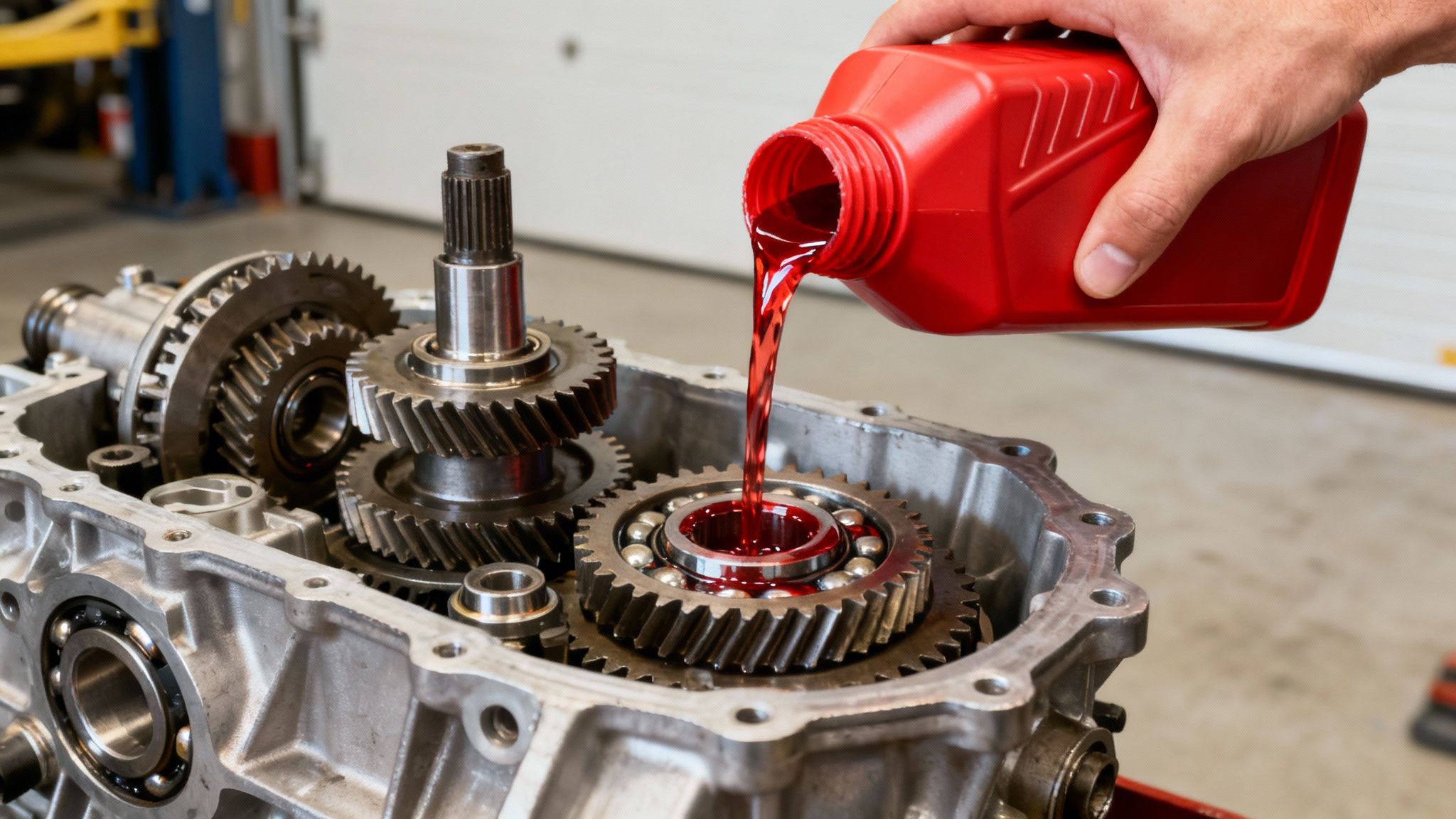 A hand pours red transmission fluid from a red bottle into an open car's gear assembly.