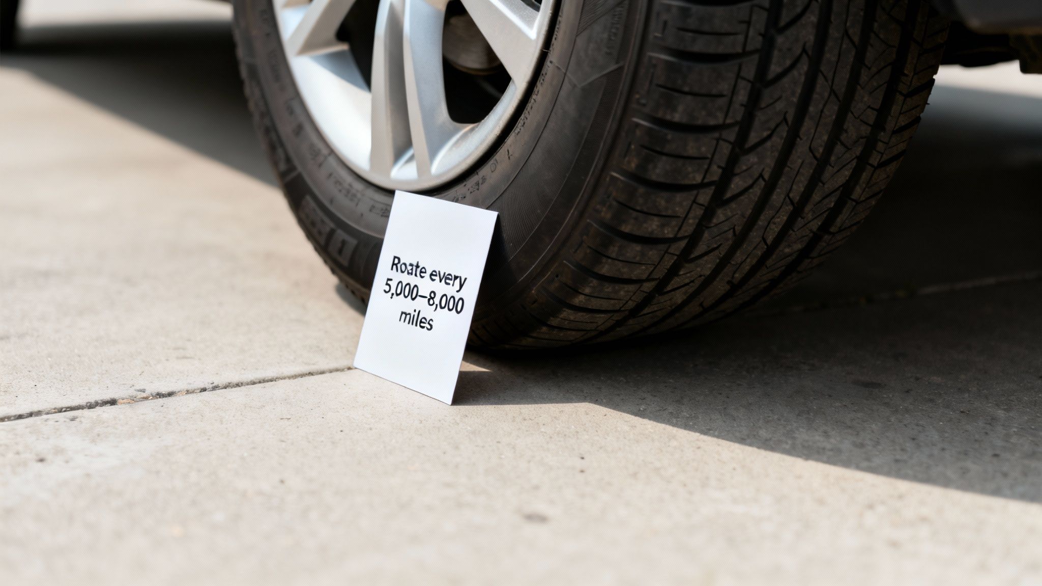 A white card with 'Roate every 5,000-8,000 miles' stands in front of a car tire on concrete.