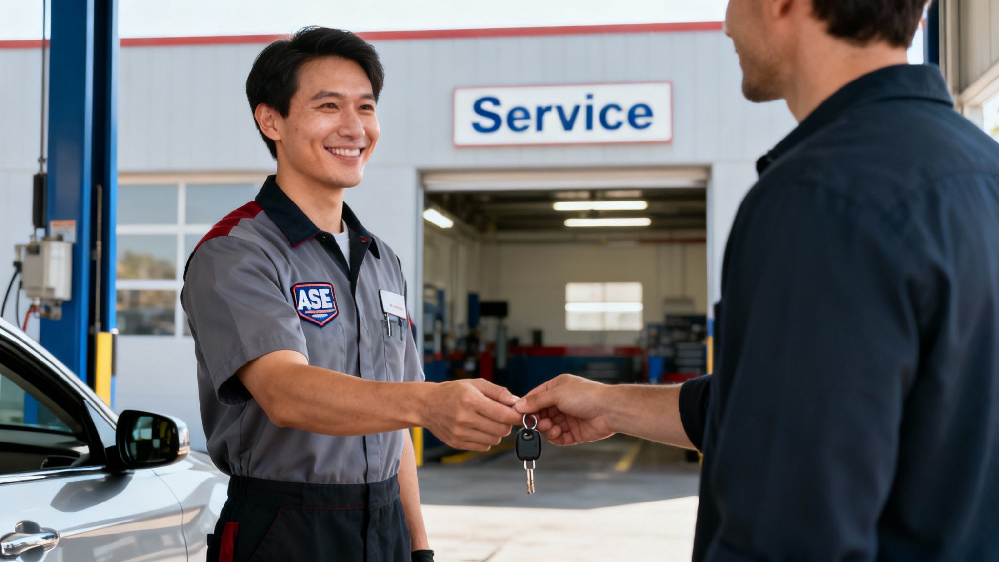 Smiling ASE certified mechanic hands car keys to a customer in an auto service station.