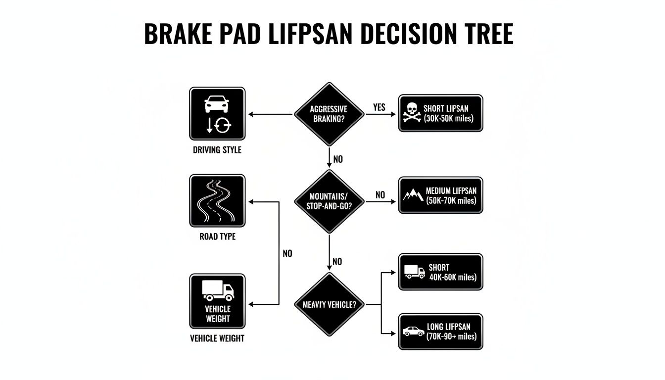 Decision tree illustrating factors like driving style, road type, and vehicle weight affecting brake pad lifespan.