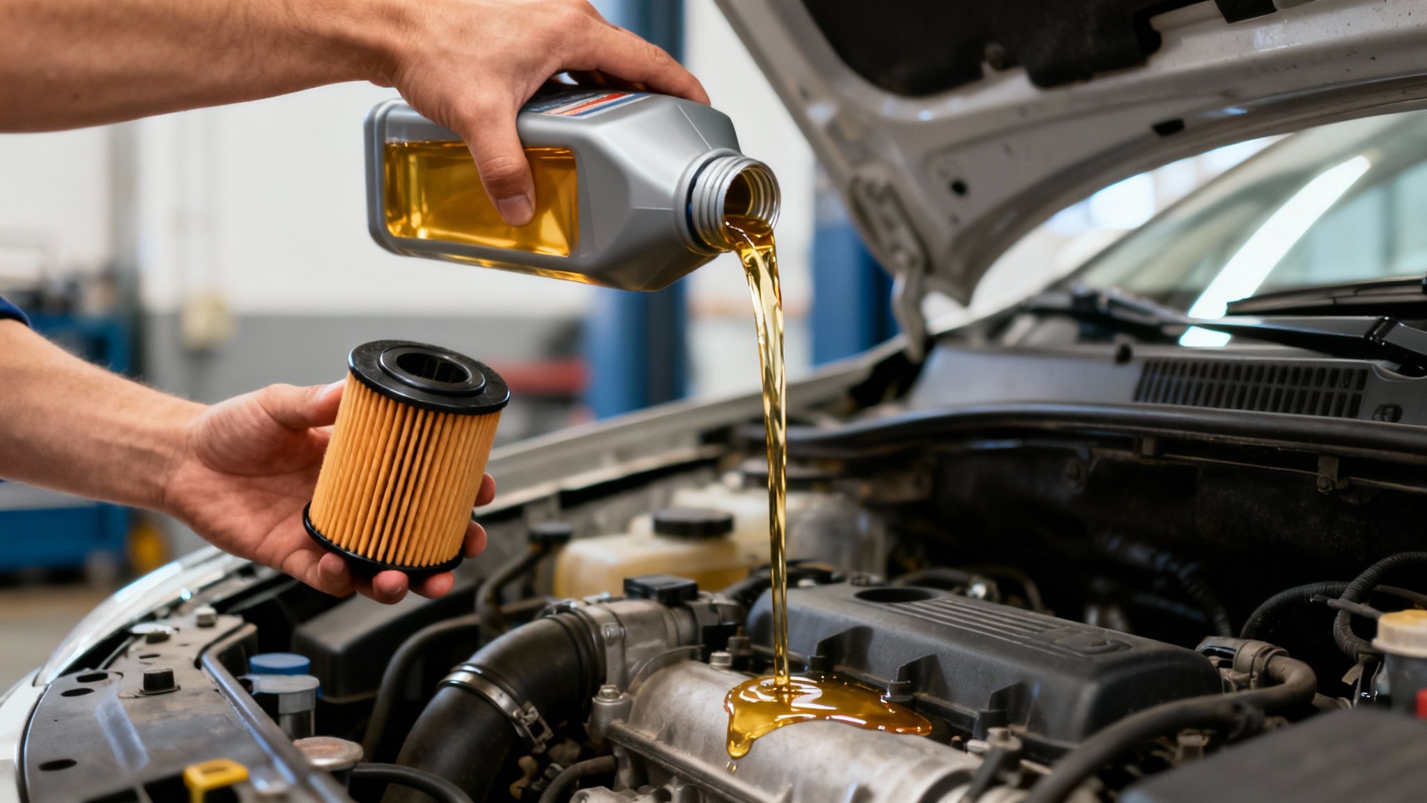 Mechanic's hands performing an oil change on a car engine, pouring fresh oil and holding a filter.