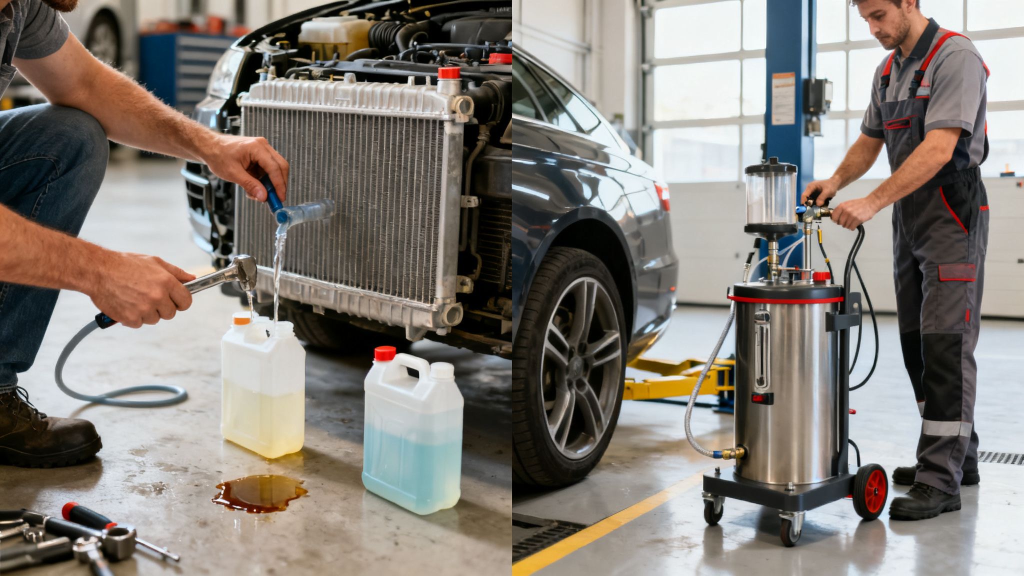 A mechanic drains fluid from a car radiator while another operates a fluid exchange machine in a garage.