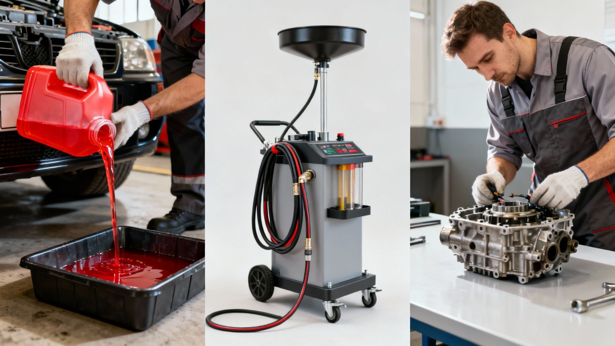 Automotive service showing fluid exchange, a specialized transmission machine, and engine repair work.