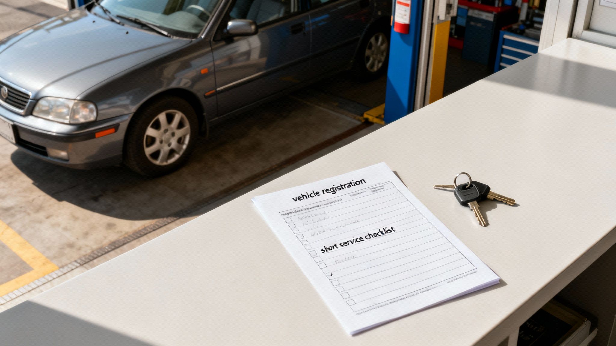 A grey car parked at a service station with a vehicle registration form and keys on a counter.