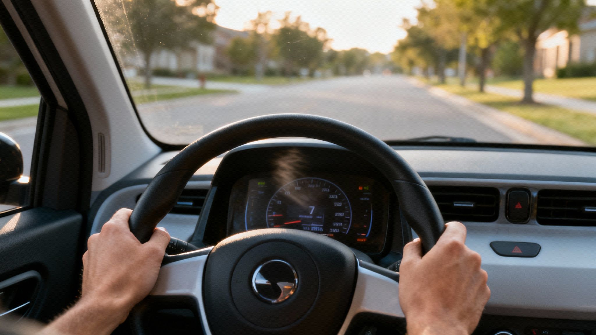A person's hands grip a car's steering wheel while driving on a tree-lined road at sunset.