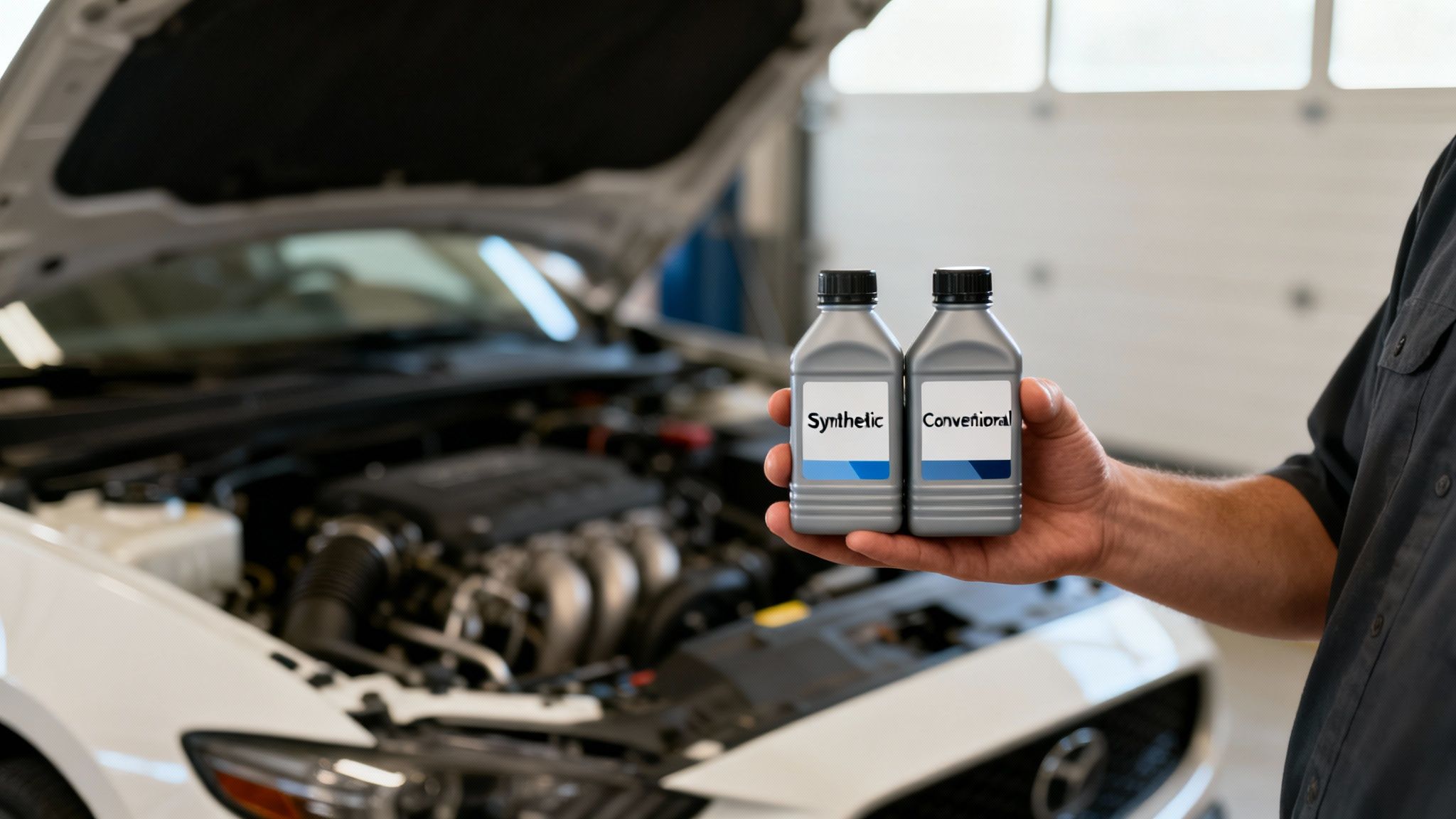 A mechanic's hand holds synthetic and conventional motor oil bottles in a car repair shop.