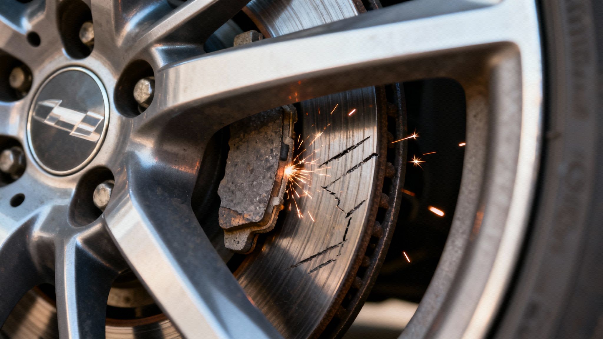 Sparks flying from a severely worn car brake disc and pad behind a wheel.