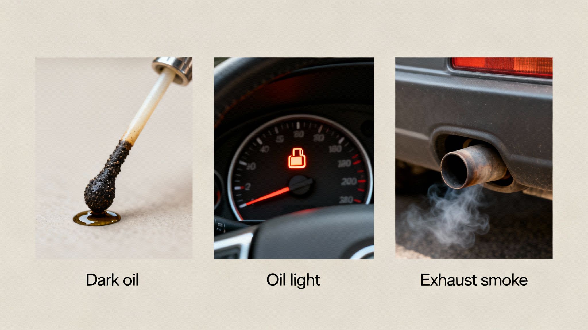 Three images show car problems: dark oil on a dipstick, an illuminated oil warning light, and exhaust smoke.