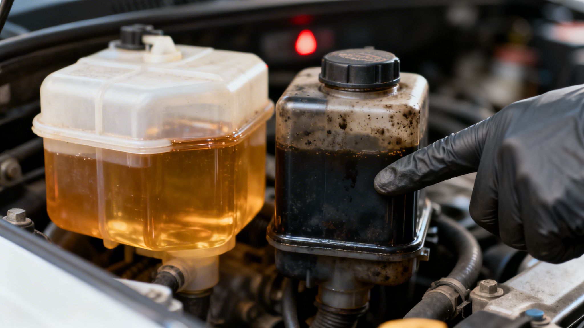 A gloved hand points to dark, dirty brake fluid next to clean fluid in a car engine.