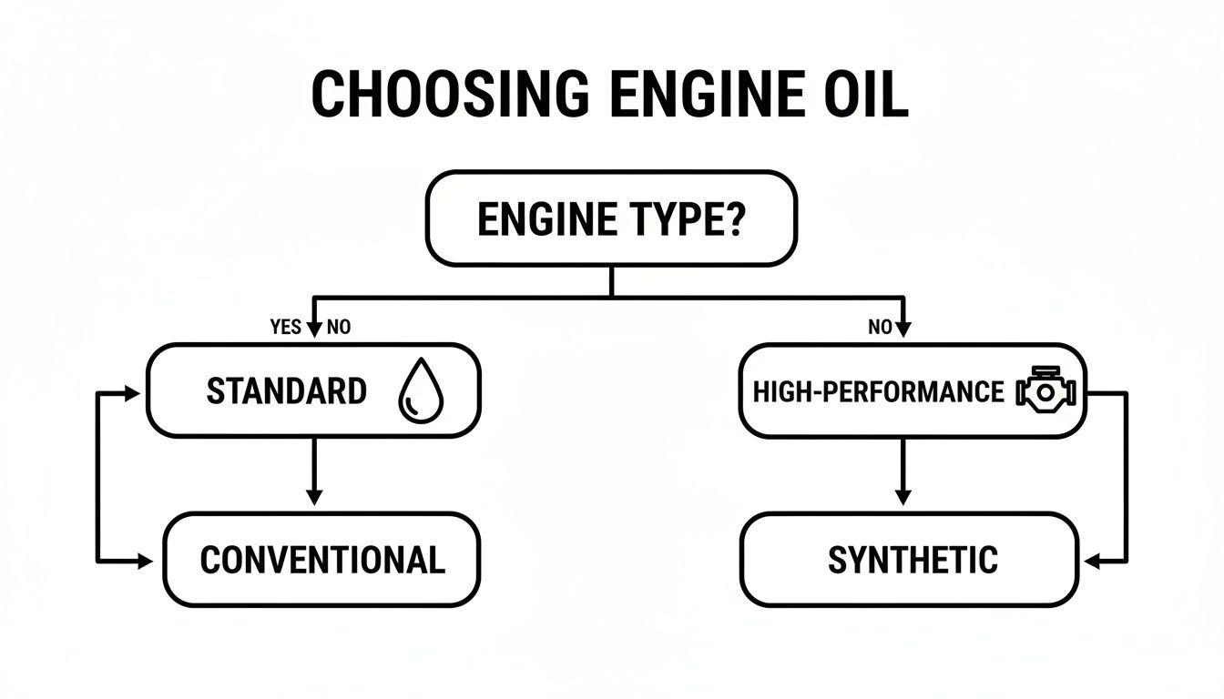 Flowchart titled 'Choosing Engine Oil' guides selection between conventional and synthetic based on engine type.