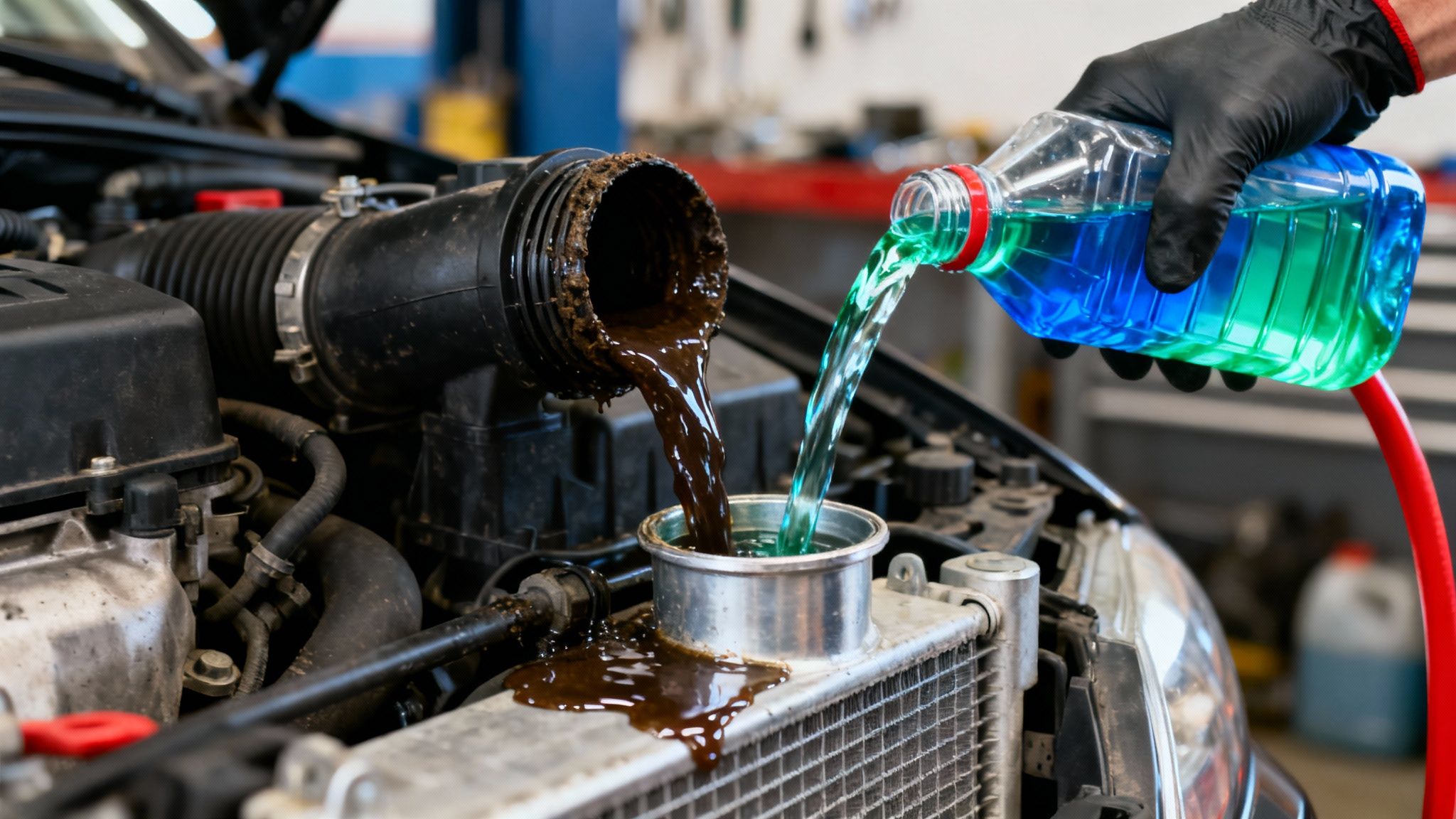 A mechanic performs a coolant flush, draining old, dirty fluid while adding fresh, clean coolant to a car's radiator.