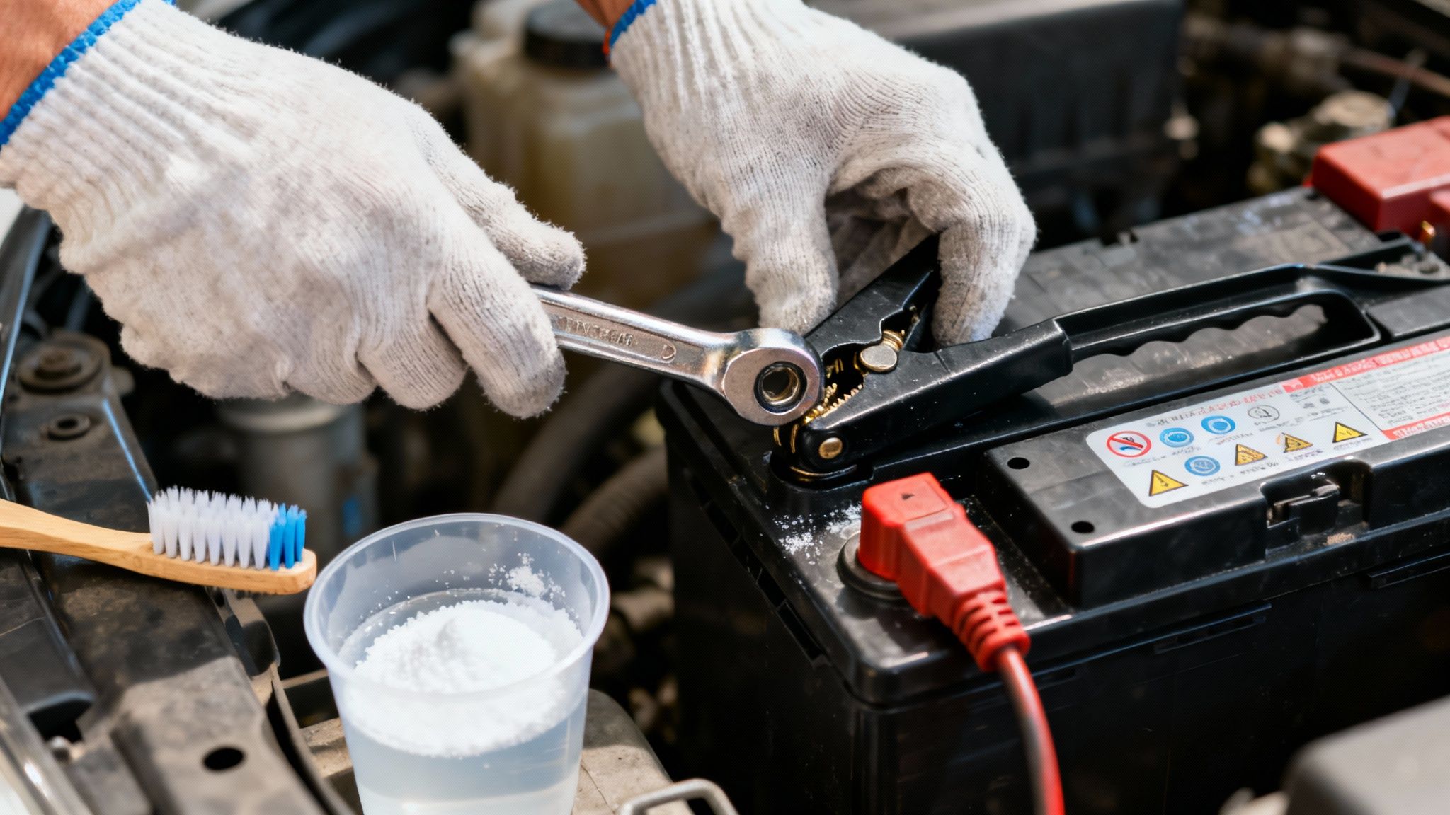 A person wearing gloves cleans corroded car battery terminals with a wrench, clamp, toothbrush, and baking soda solution.