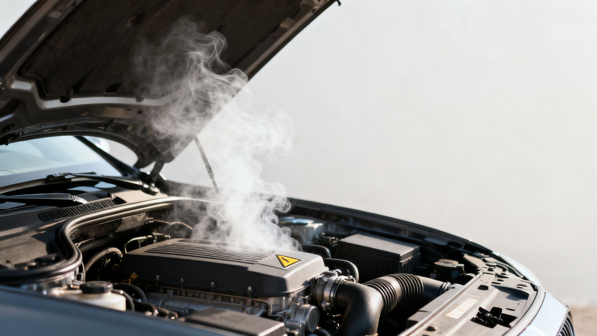 A gray car with its hood open and steam rising from the engine, indicating an overheating issue.