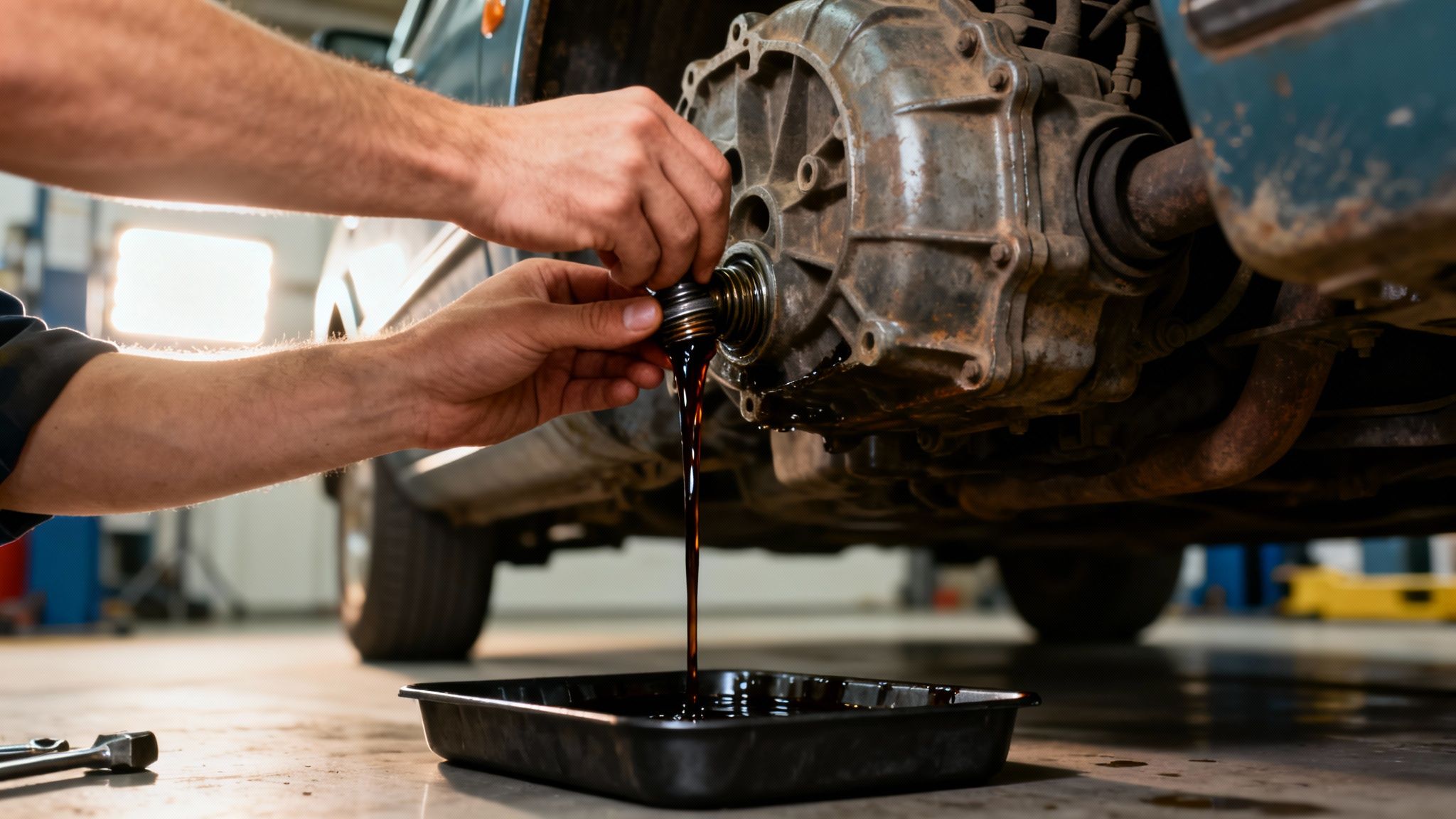 A mechanic's hands draining used transmission fluid from a car into a drip pan.