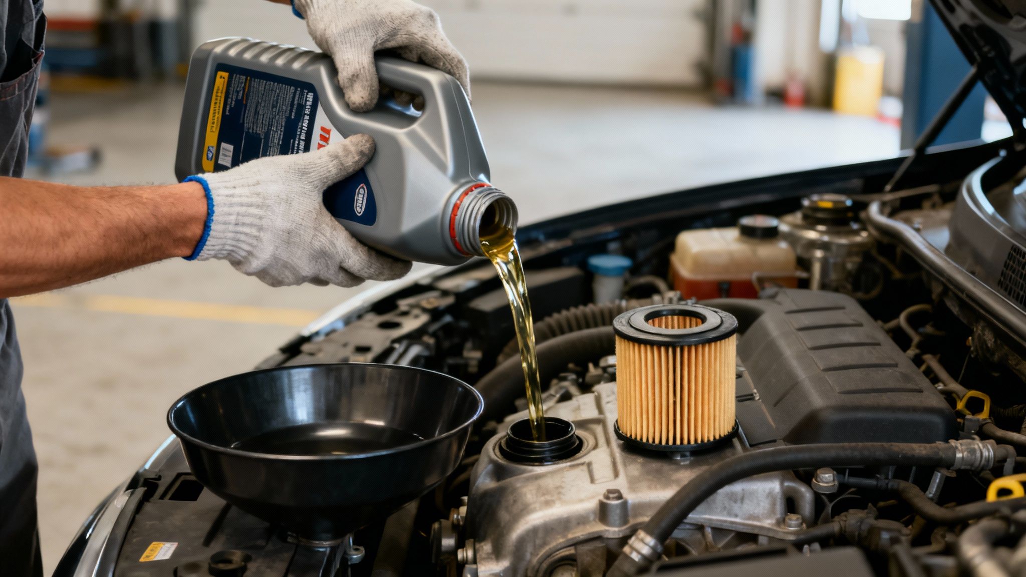 Mechanic's gloved hands carefully pour new motor oil into a car engine with an oil filter visible.