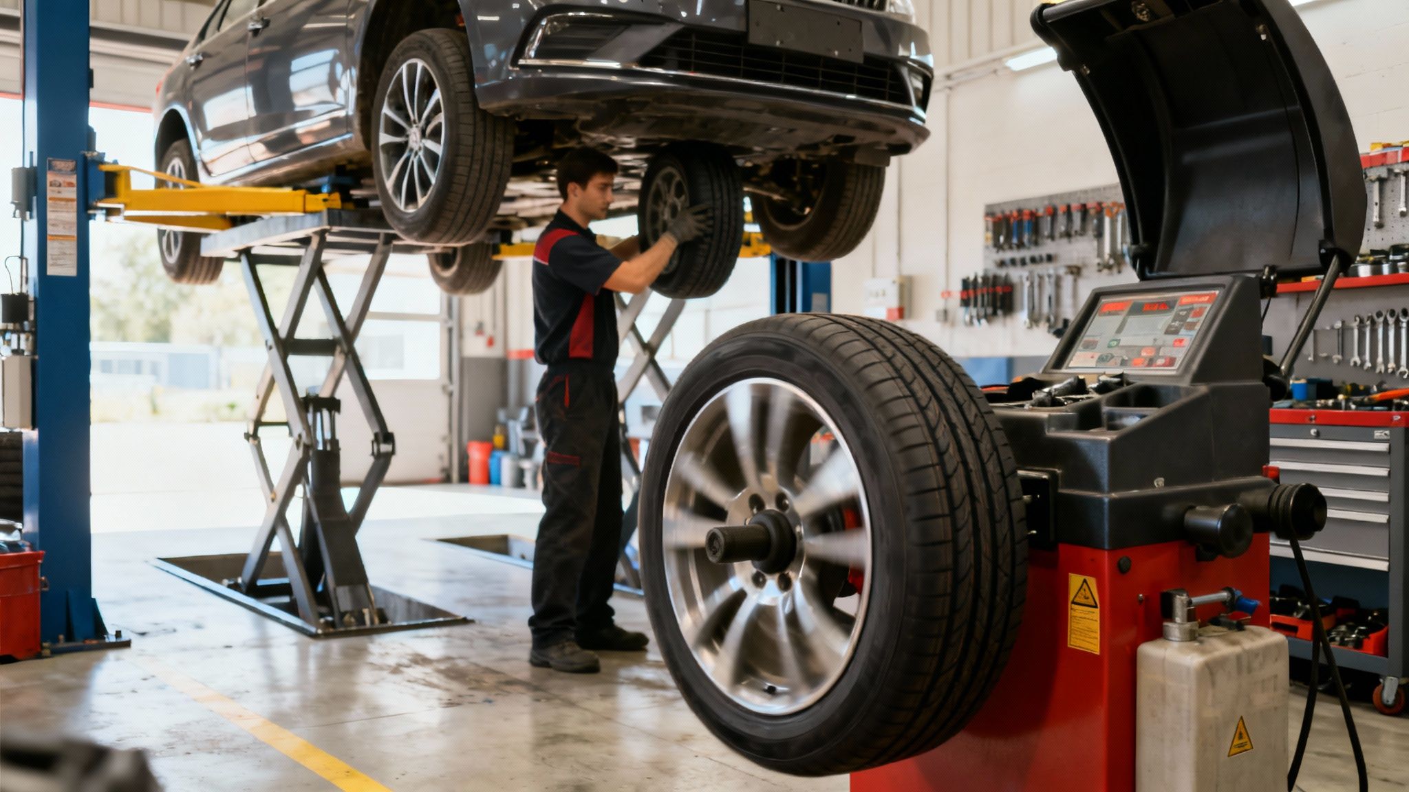 A mechanic works on a dark grey car lifted on a scissor lift, while a tire balances on a machine in an auto repair shop.
