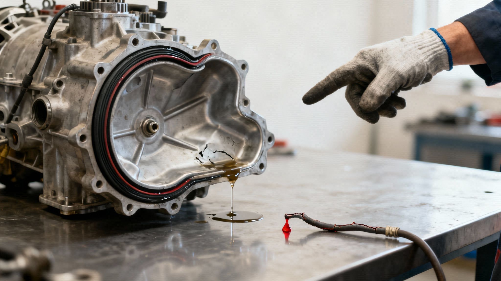 Mechanic's gloved hand points at a leaking car transmission part on a metal workbench.