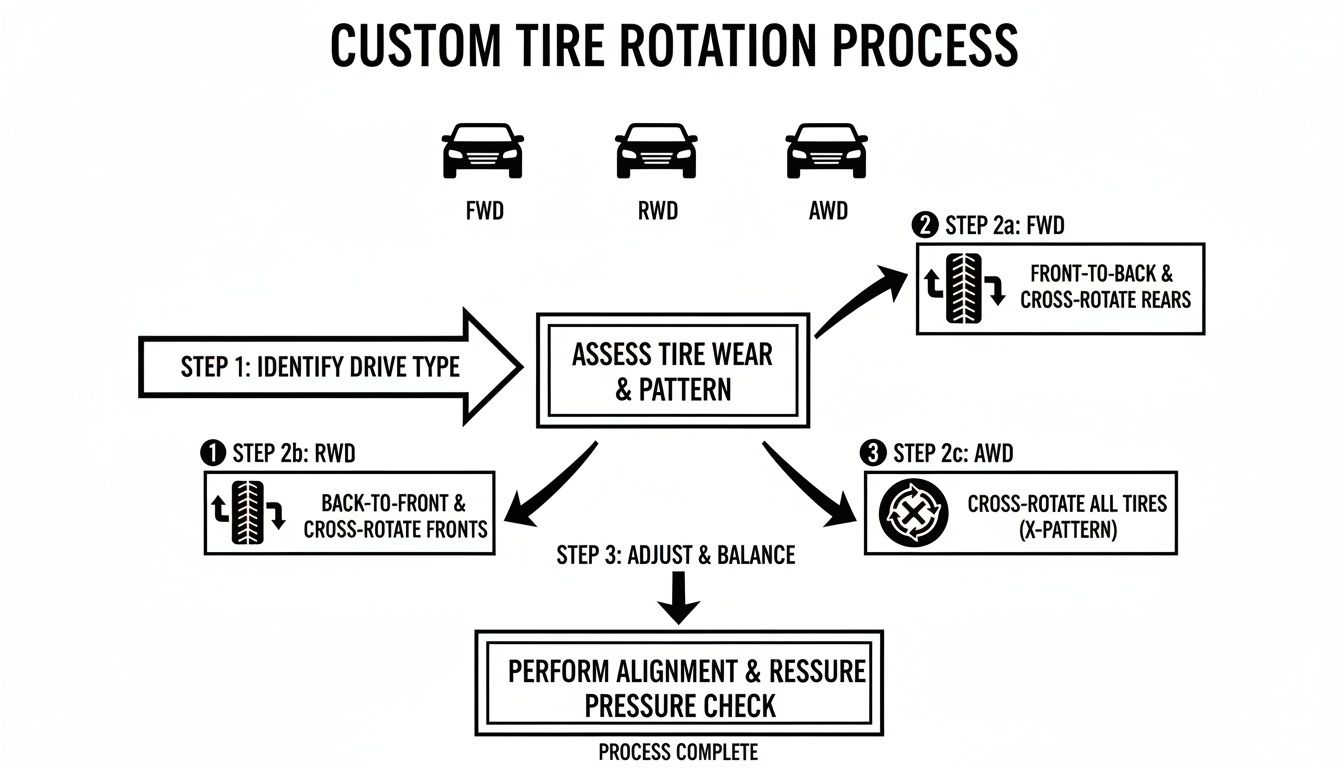 A flowchart detailing a custom tire rotation process based on drive type (FWD, RWD, AWD) and tire wear.