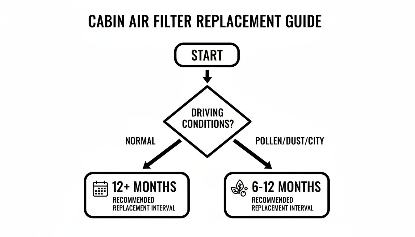 Flowchart guide illustrating cabin air filter replacement intervals based on driving conditions: normal or dusty.