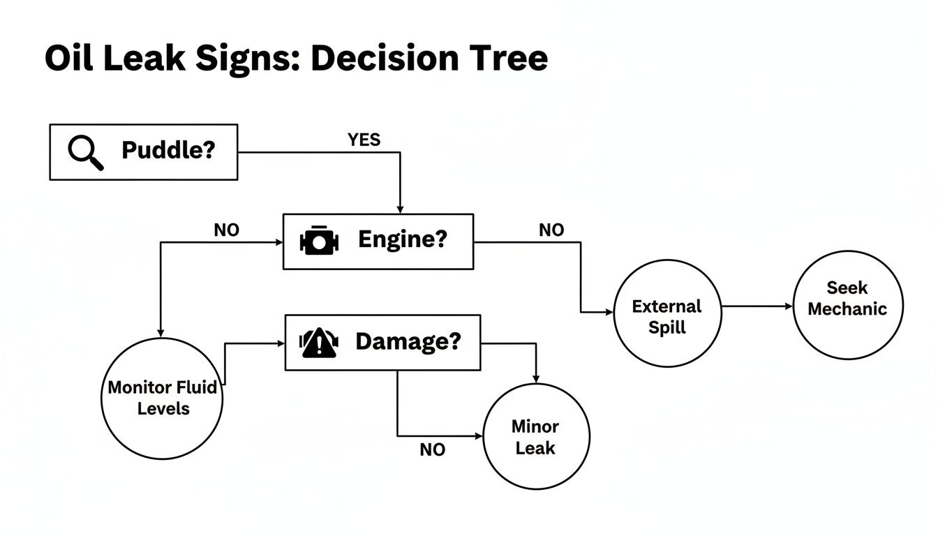 A decision tree flowchart illustrating steps to identify and react to oil leak signs in a vehicle.