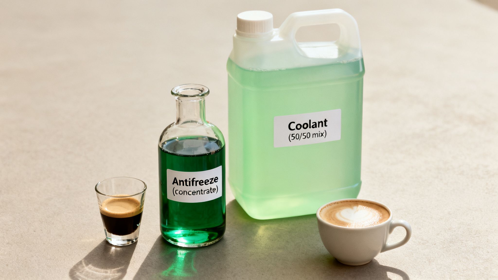 Various liquids including coffee, antifreeze concentrate, and pre-mixed coolant are displayed side-by-side.