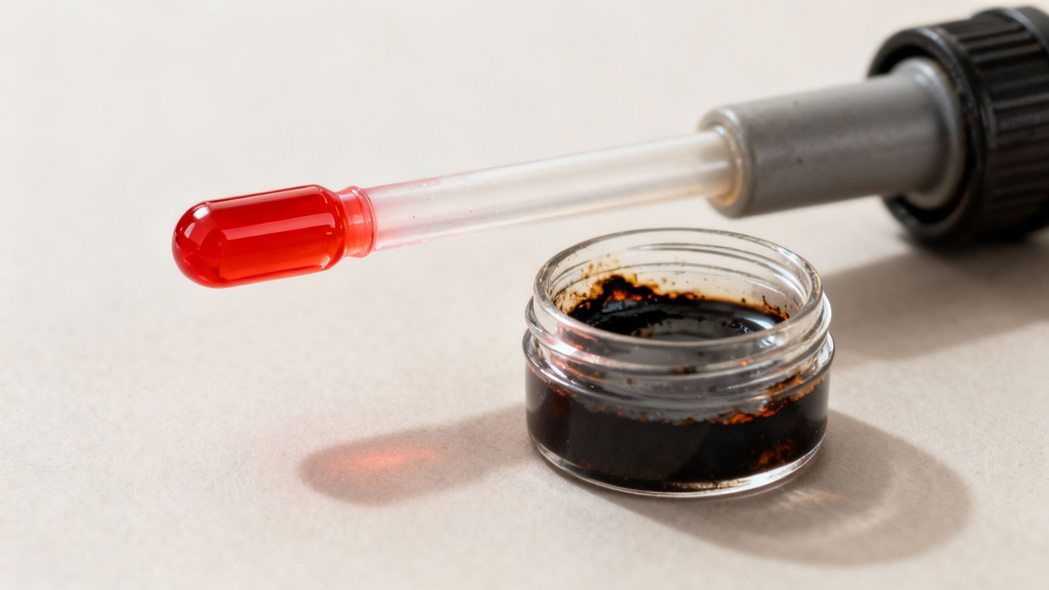 A clear dropper filled with red liquid hovers over a small glass jar containing dark brown ink.