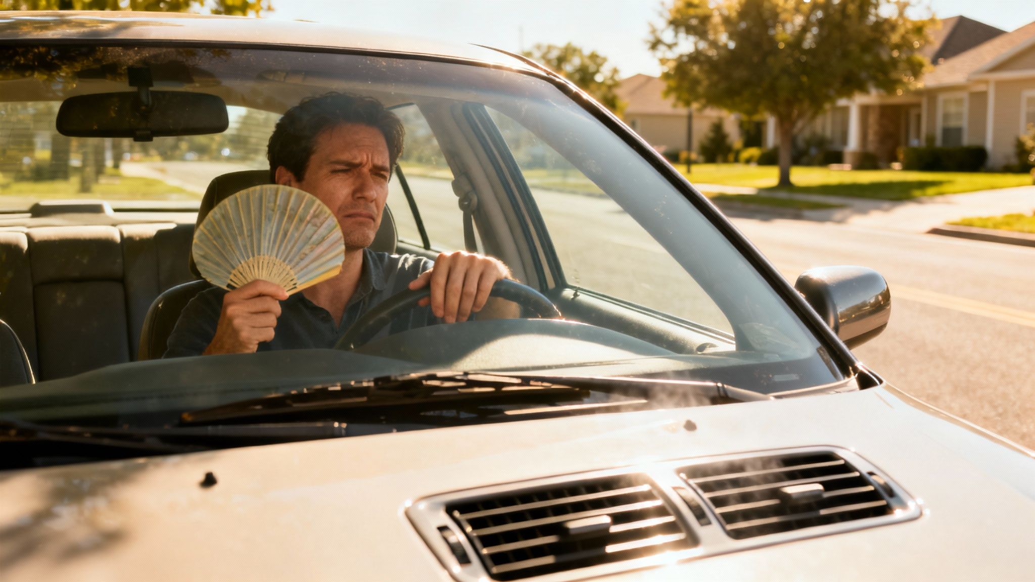 A man looking distressed and fanning himself inside a hot car on a sunny day.