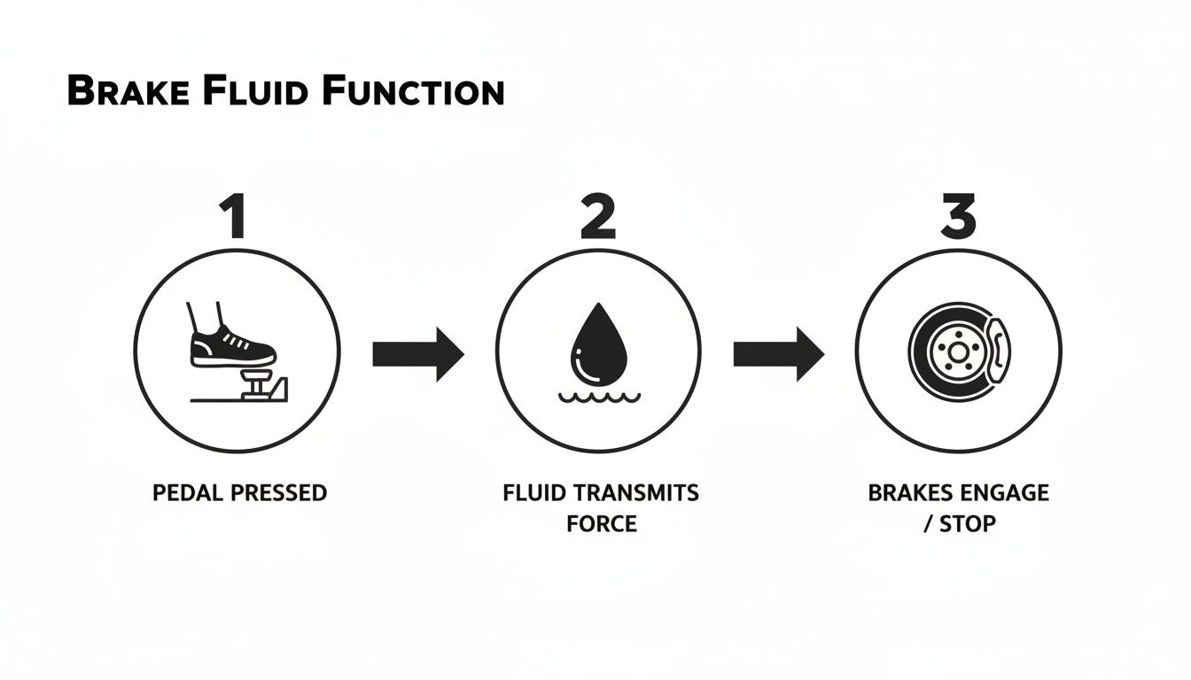 Infographic showing three steps of brake fluid function: pedal pressed, fluid transmits force, brakes engage.