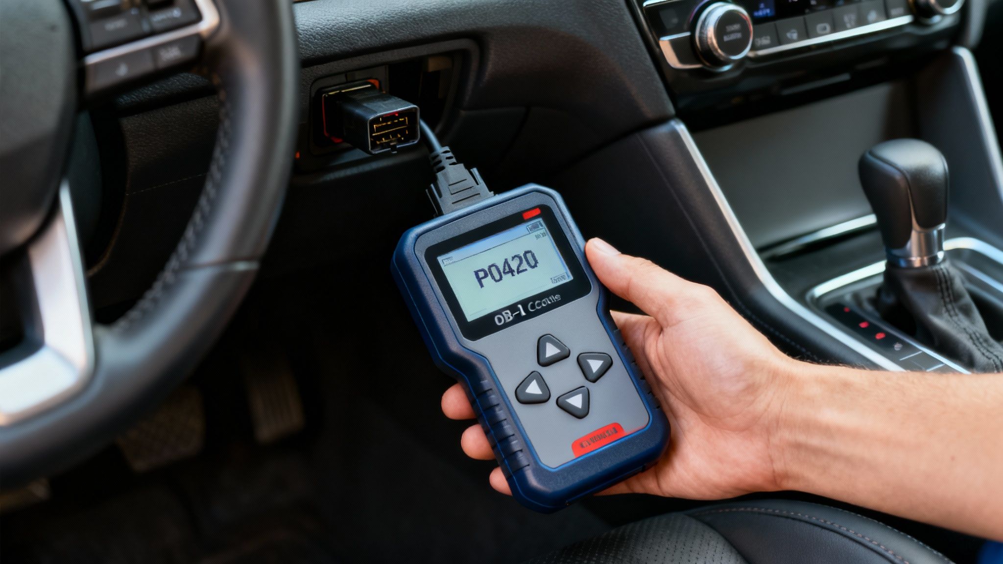Hand holding an OBD-II scanner displaying P0420, plugged into a car's diagnostic port.